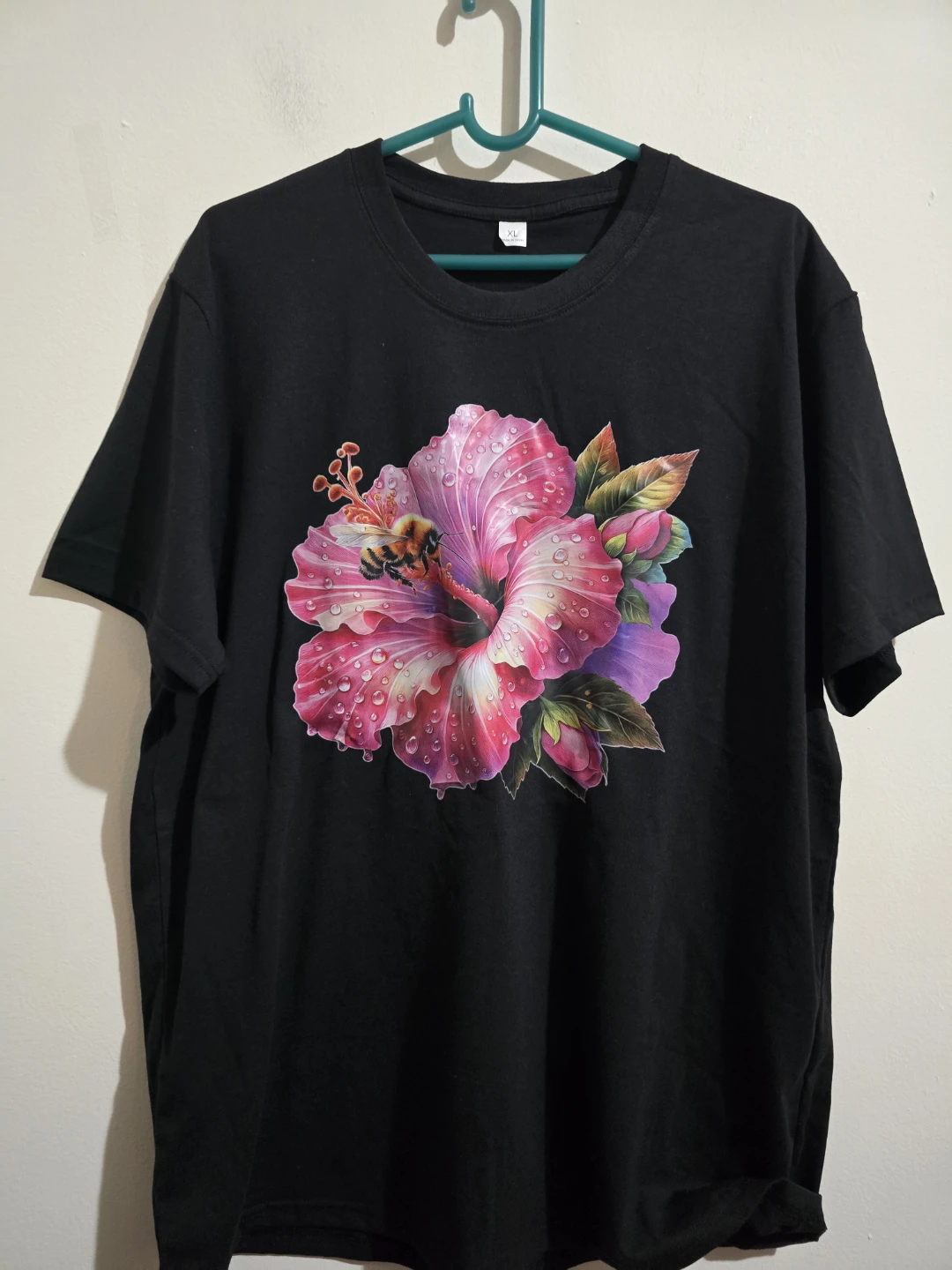 Black T-Shirt with Bee and Hibiscus Graphic