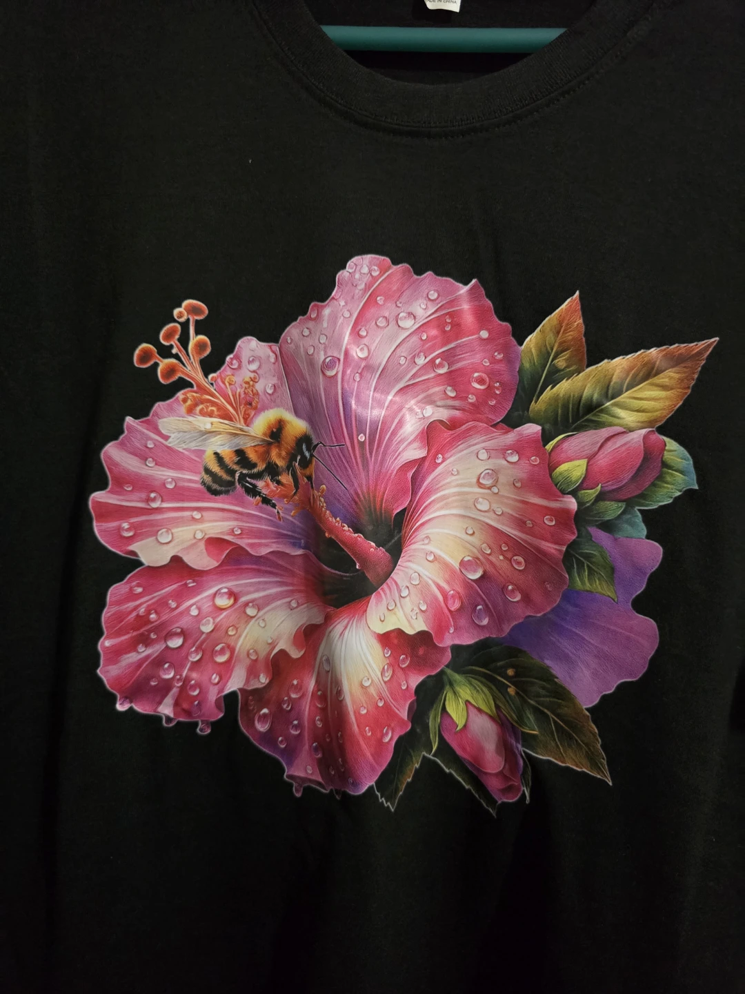 Black T-Shirt with Bee and Hibiscus Graphic - photo 4