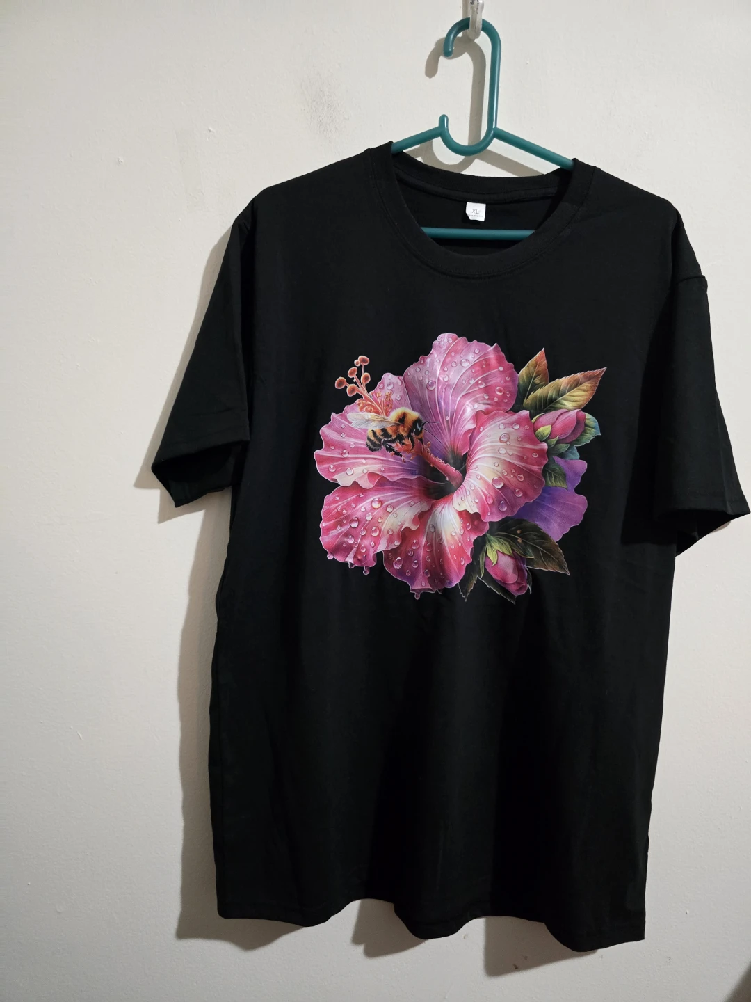 Black T-Shirt with Bee and Hibiscus Graphic - photo 5