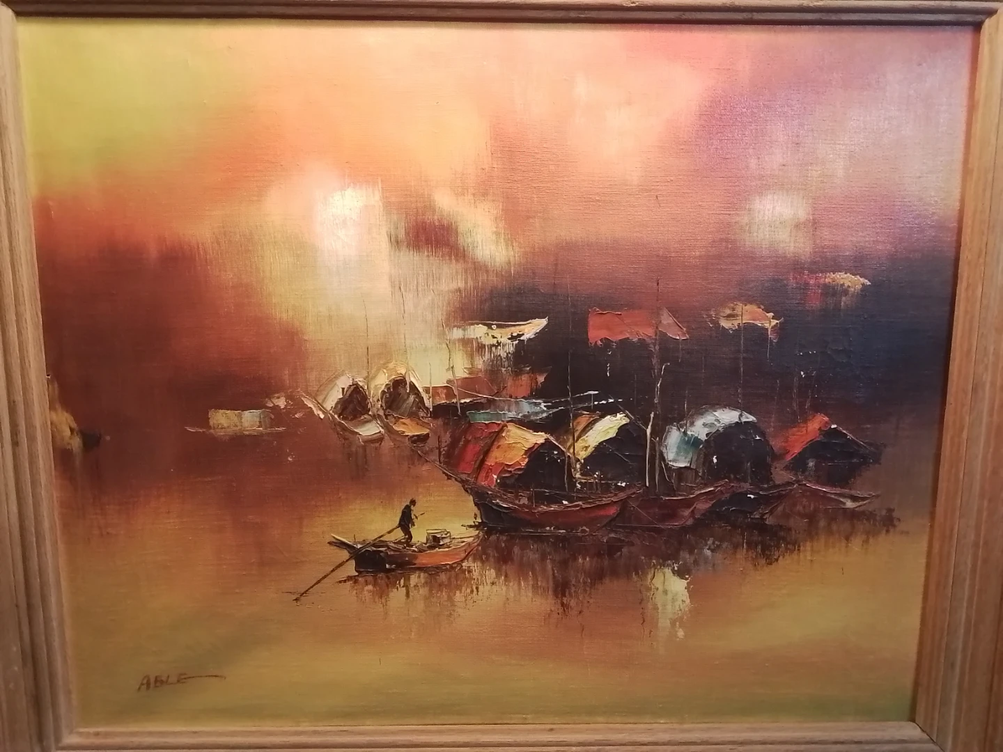 Vintage Mid-Century Modern Junk Boat Seascape Oil Painting - photo 4