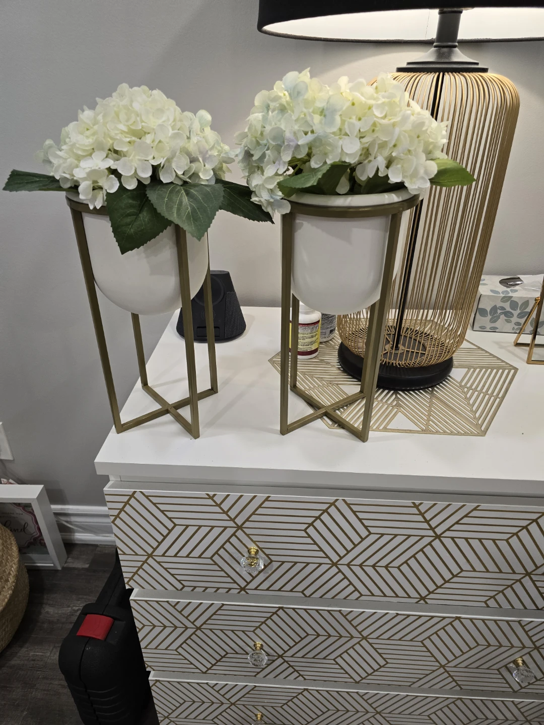 2 Faux Flower Arrangements with White Pots & Gold Stands