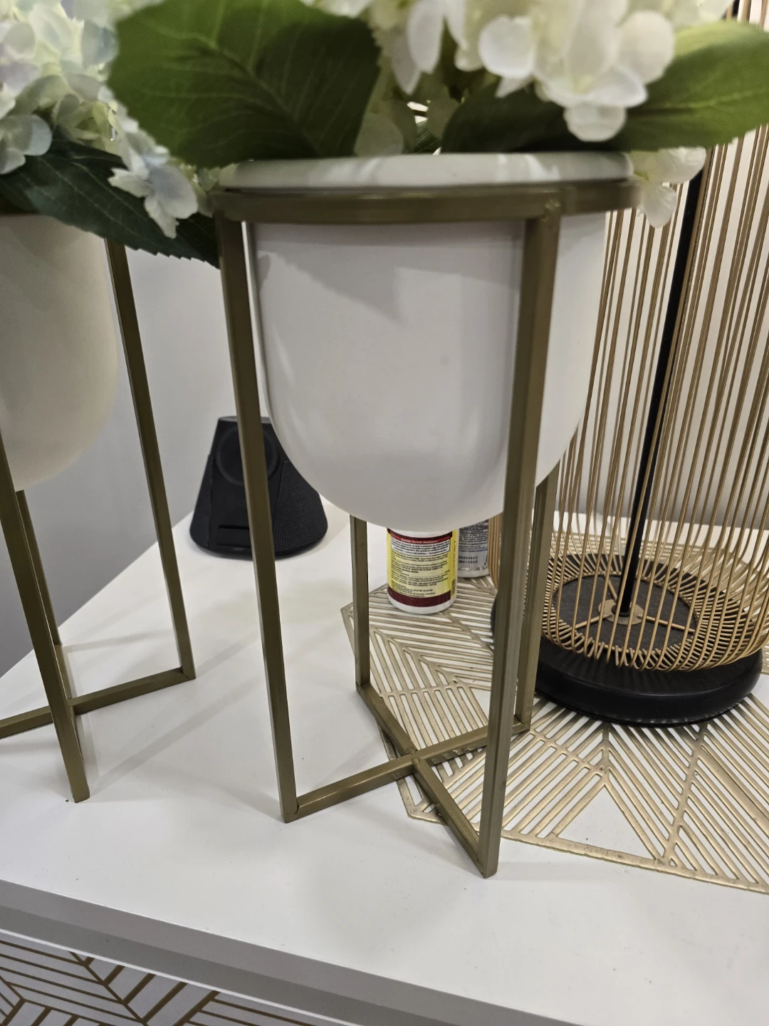 2 Faux Flower Arrangements with White Pots & Gold Stands - photo 2