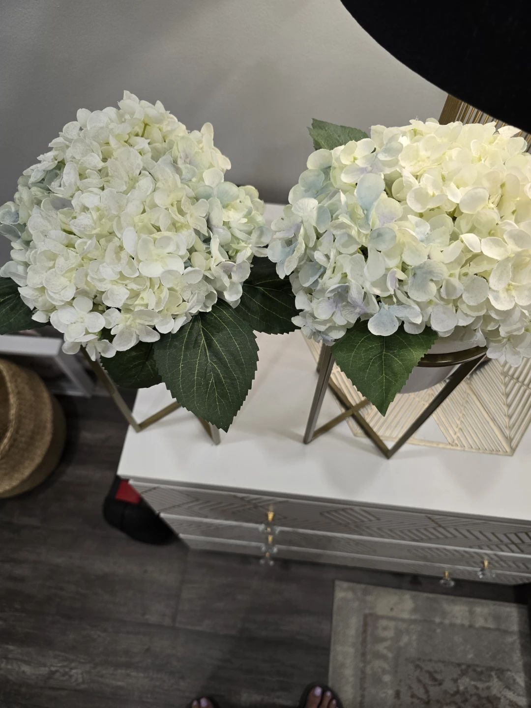 2 Faux Flower Arrangements with White Pots & Gold Stands - photo 3