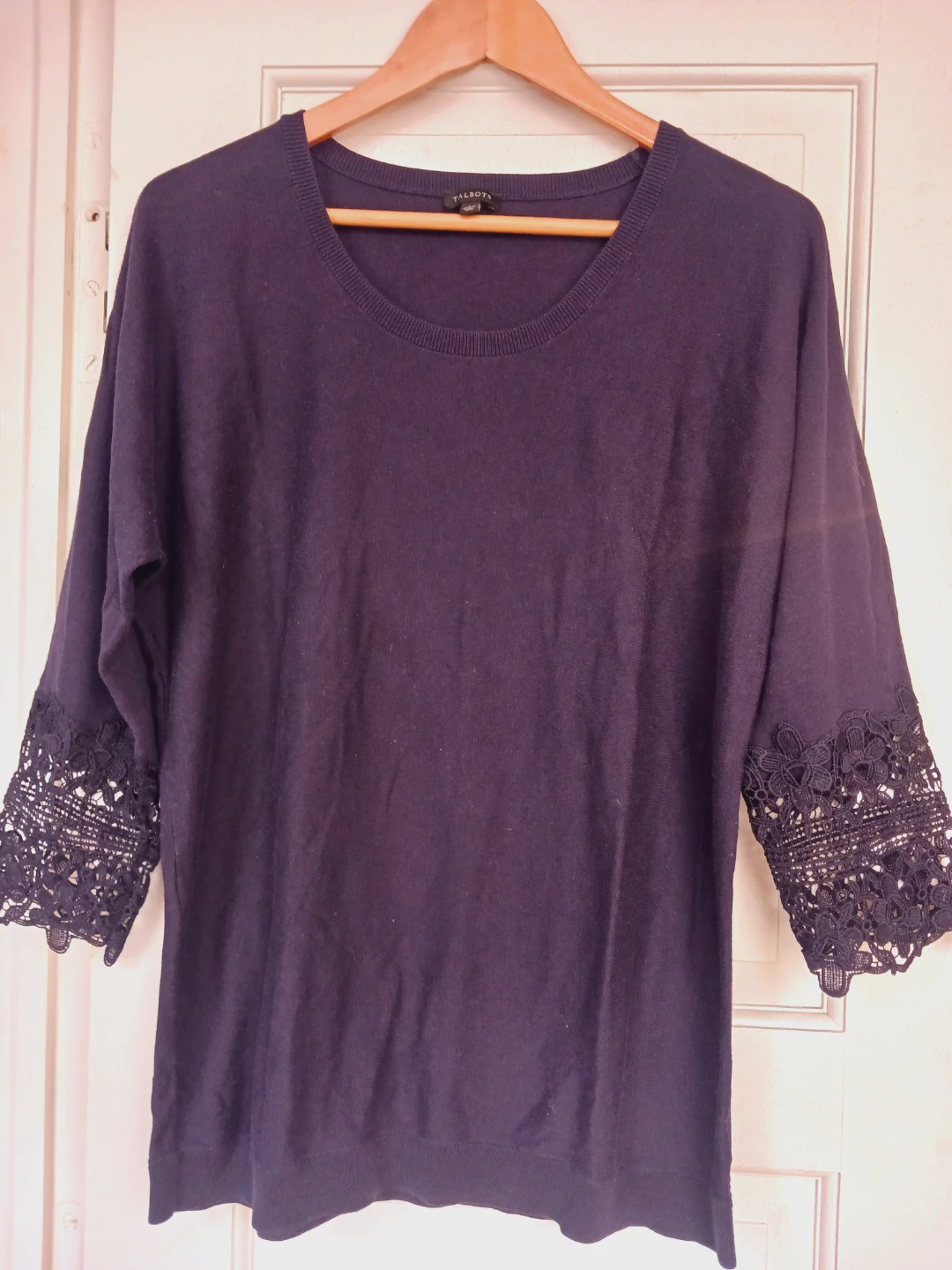 TALBOTS Blue Scoop Neck Crochet Sleeves Cotton Sweater.L.