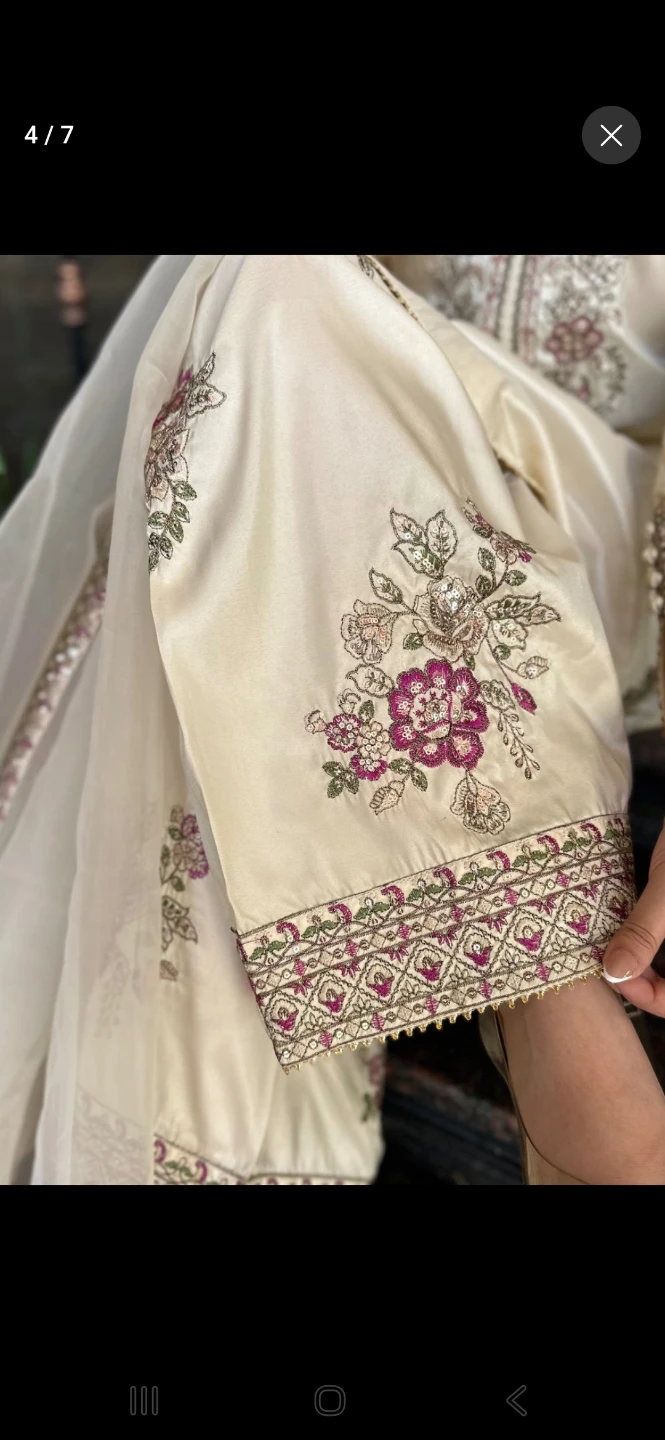 Elegant Off-White Embroidered Silk Farshi Shalwar 3-Piece Suit - photo 2