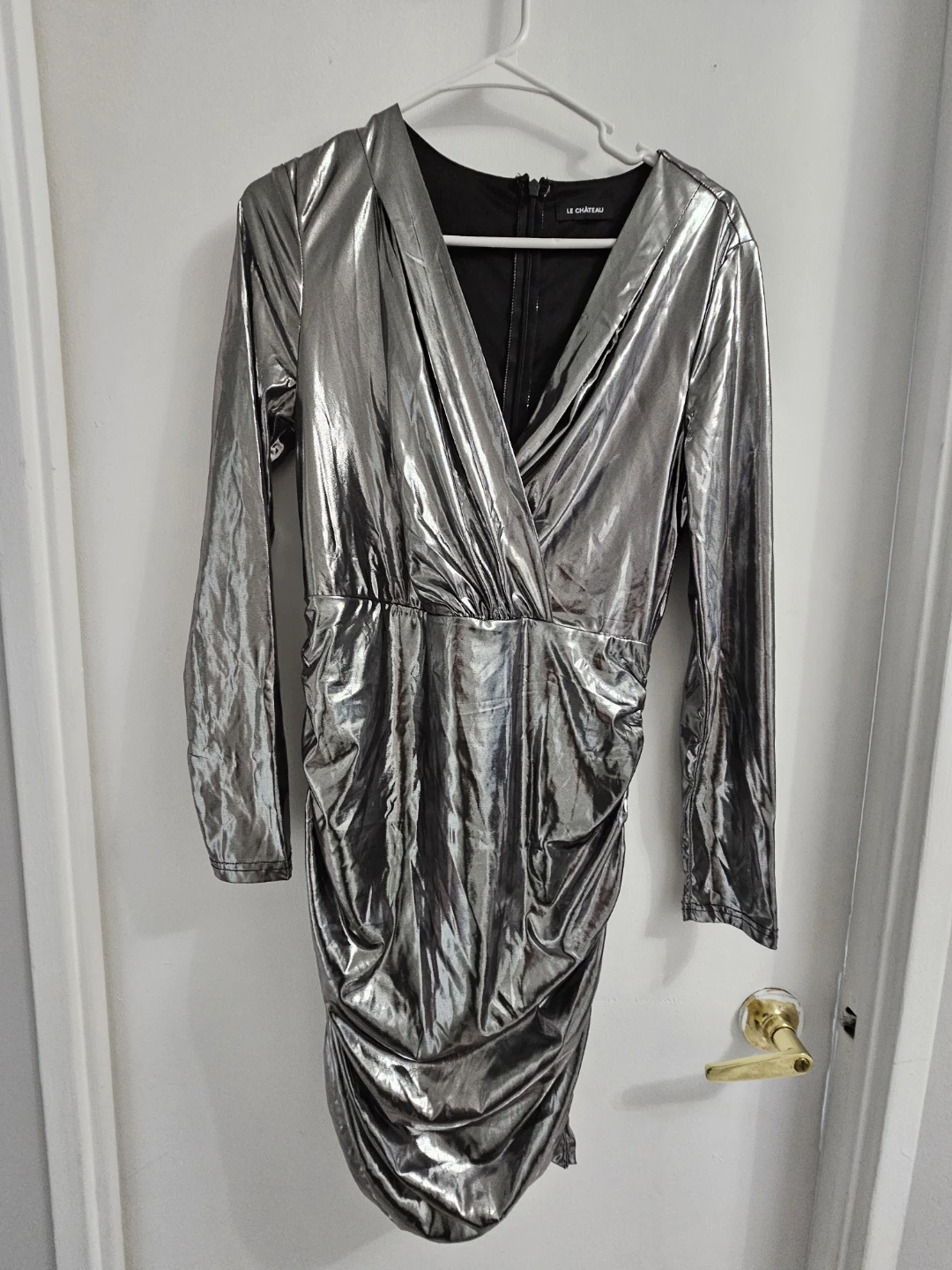 LE CHÂTEAU Silver Metallic Ruched Dress