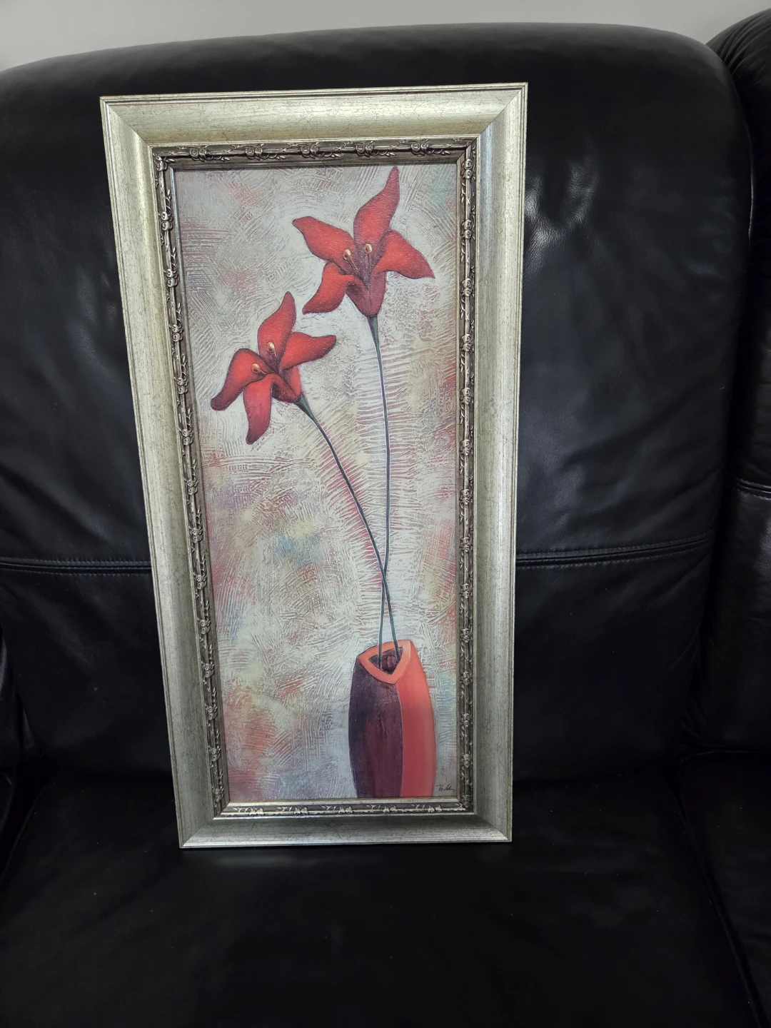 23.5" x 11.5" Framed Painting of Red Flowers in a Vase