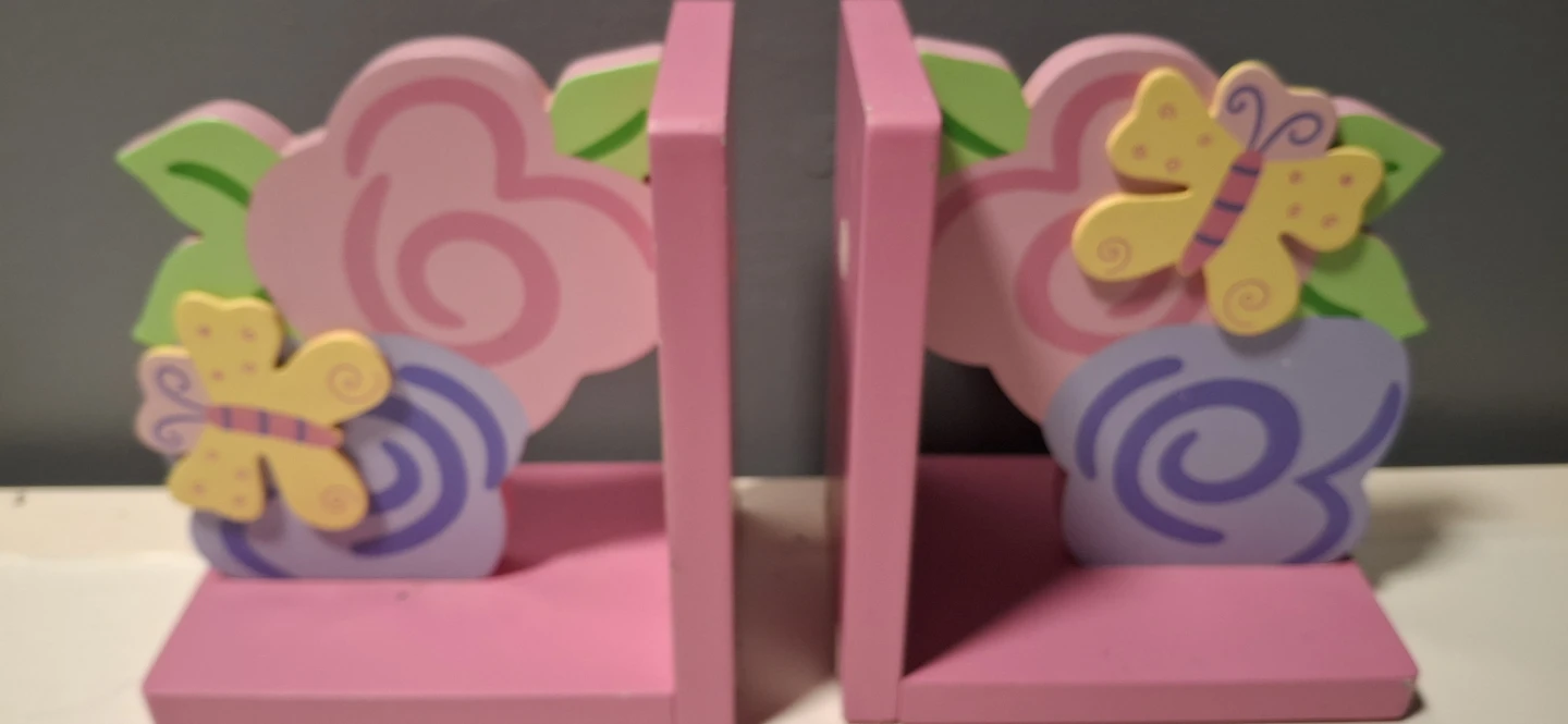 Wooden Bookends with Butterflies and Flowers