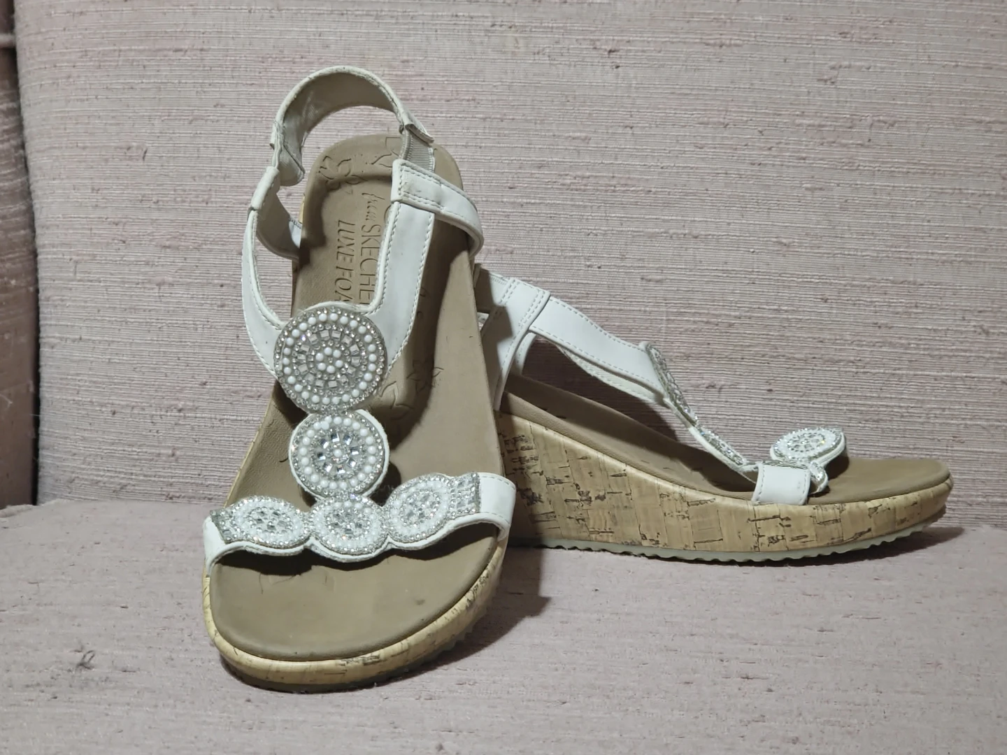 Skechers White Wedge Sandals with Embellishments