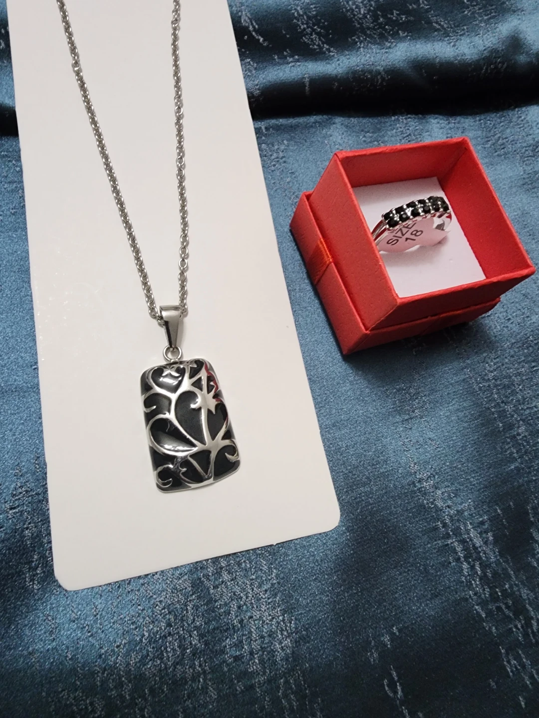 Silver-tone Ring with Black Stones and Pendant Necklace