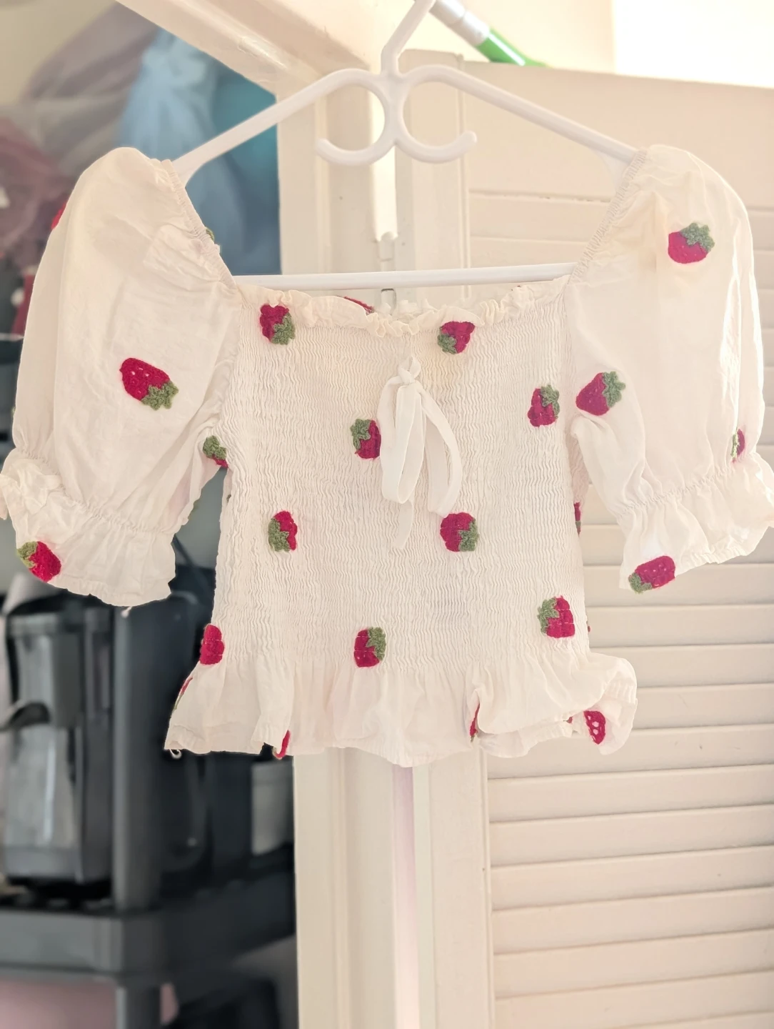 White Strawberry Smocked Puff Sleeve Top - photo 2