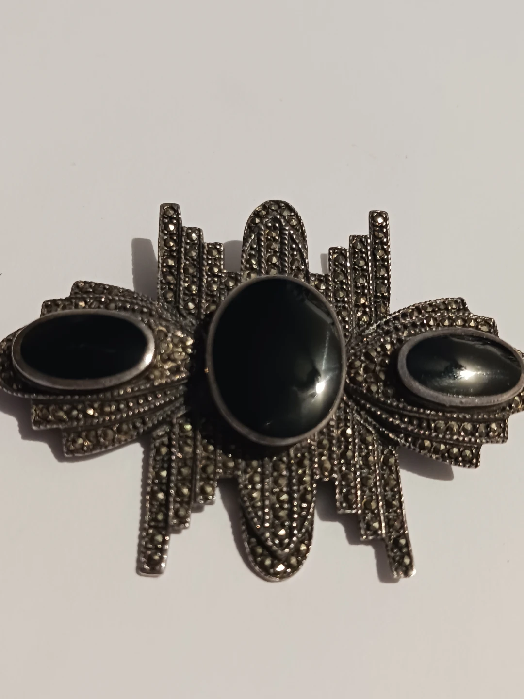 Art Deco Sterling Silver 925 Marcasites Onyx Stone Brooch - photo 2