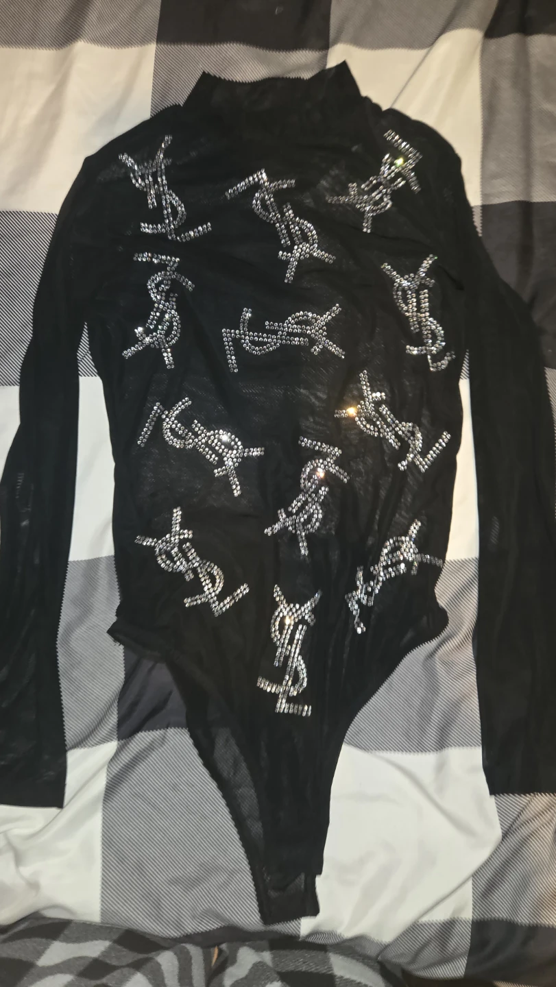 Saint Laurent Black Mesh Bodysuit with Rhinestone YSL Logo - photo 3
