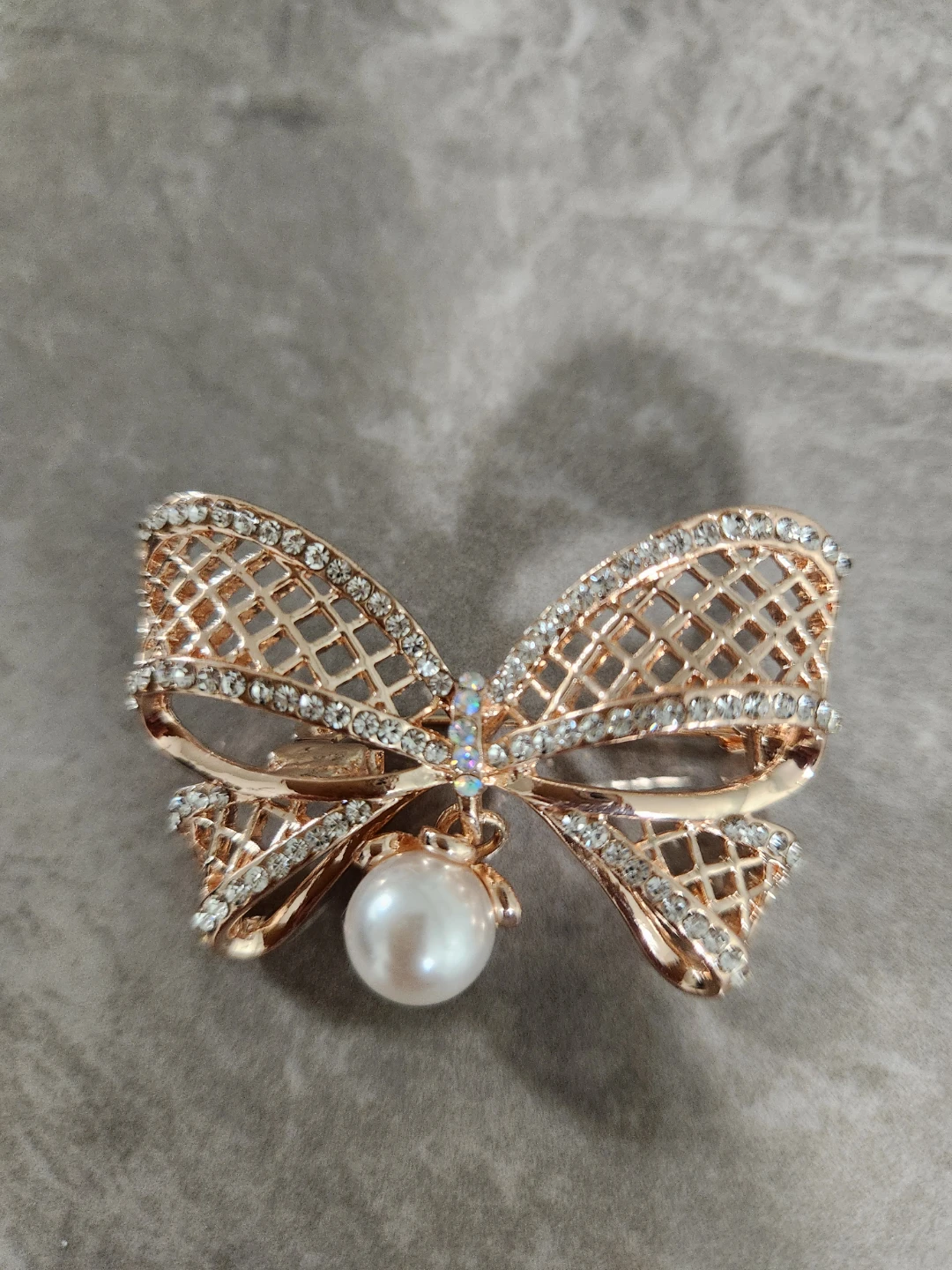 Rose Gold Bow Brooch with Pearl and Rhinestones