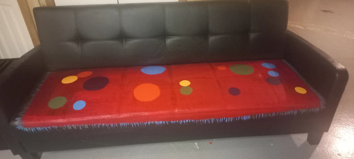 Artistic ,Black faux leather sofa  painted custom cushion