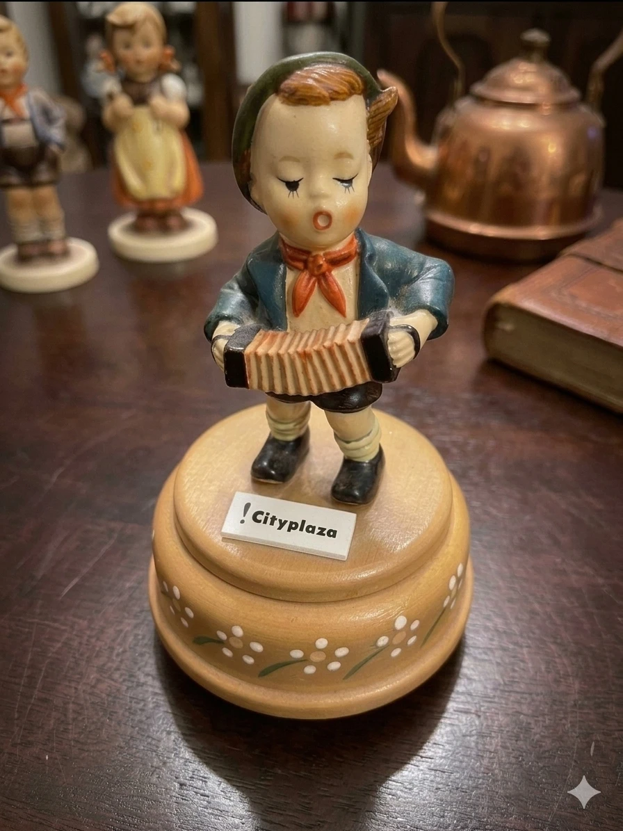 Vintage Boy Playing Accordion Figurine Music Box