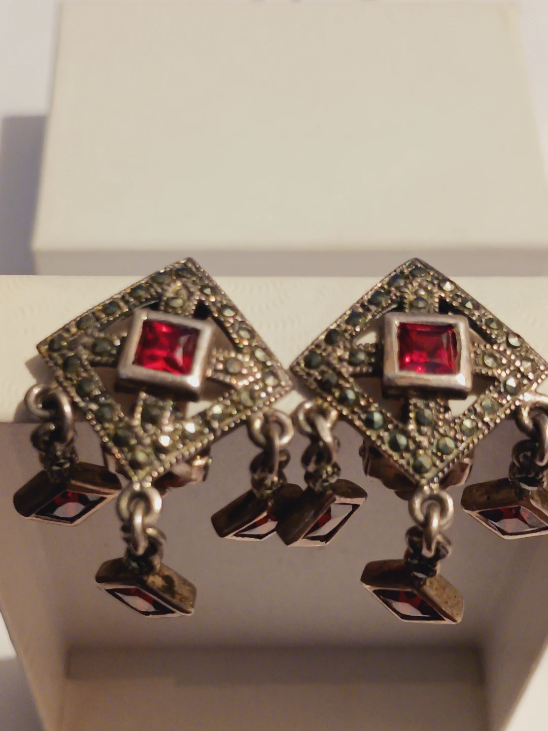 Art Deco Sterling Silver Marcasite Garnet Stone Earrings - photo 5