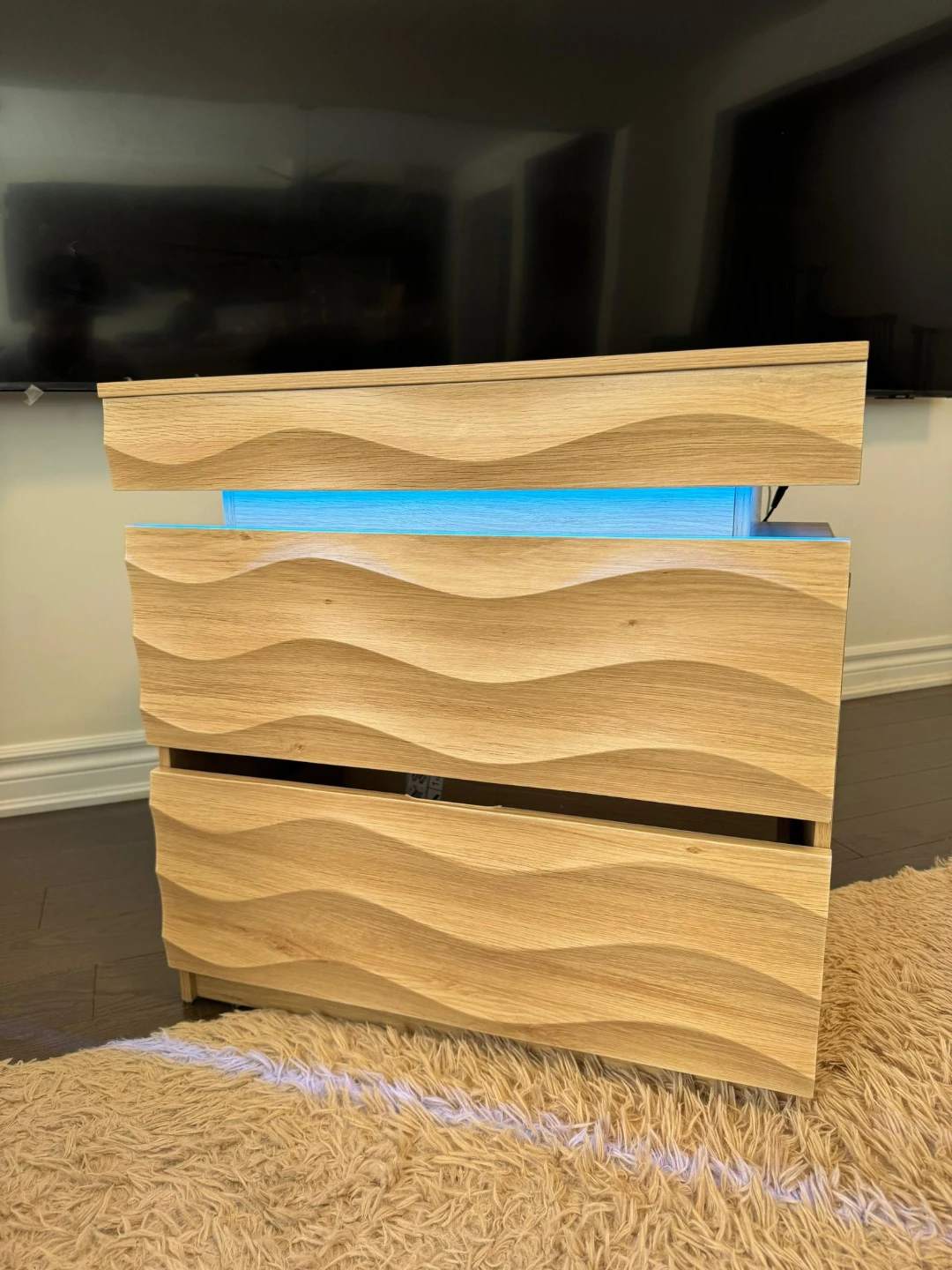 Wooden Nightstand with Blue LED Lighting