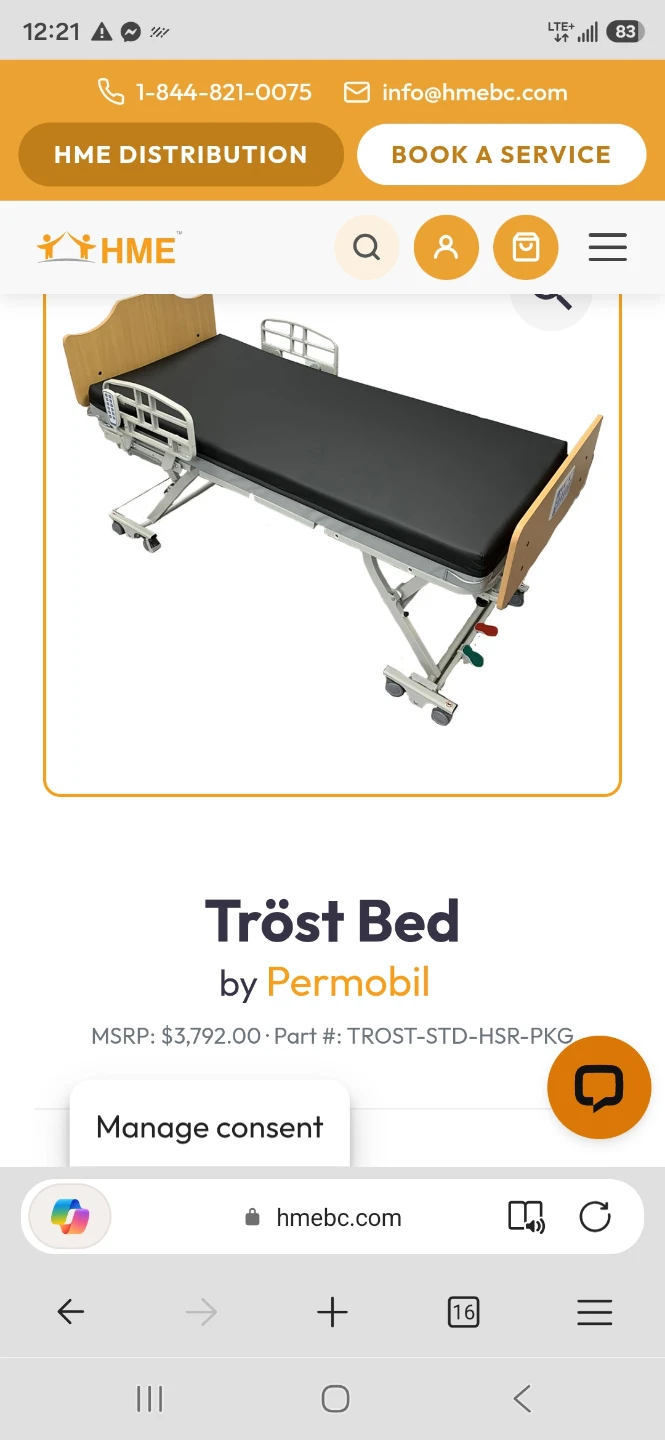 Permobil Tröst Hospital Bed with Hand Control