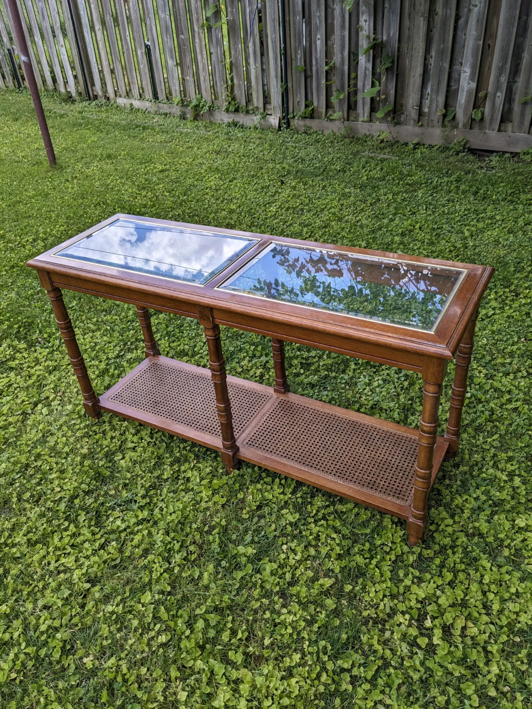 Vintage Wooden Console Table with Glass Top and Cane Shelf