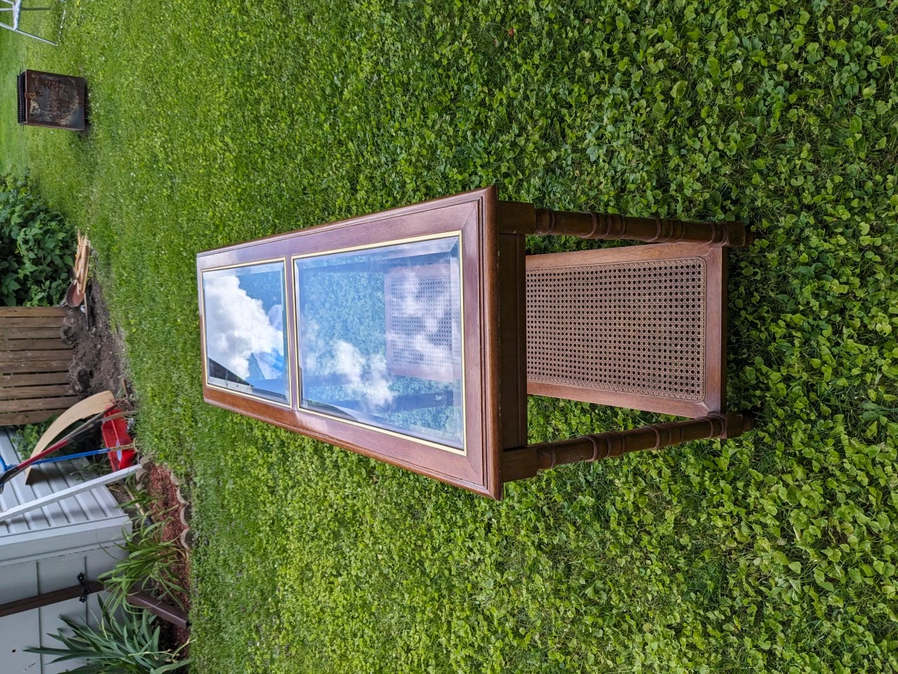 Vintage Wooden Console Table with Glass Top and Cane Shelf - photo 4