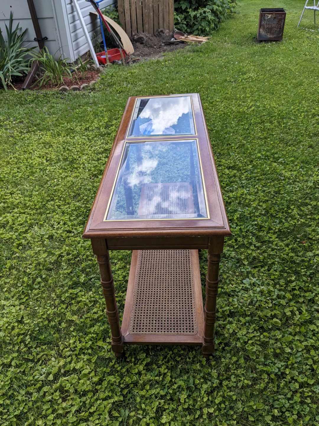Vintage Wooden Console Table with Glass Top and Cane Shelf - photo 5