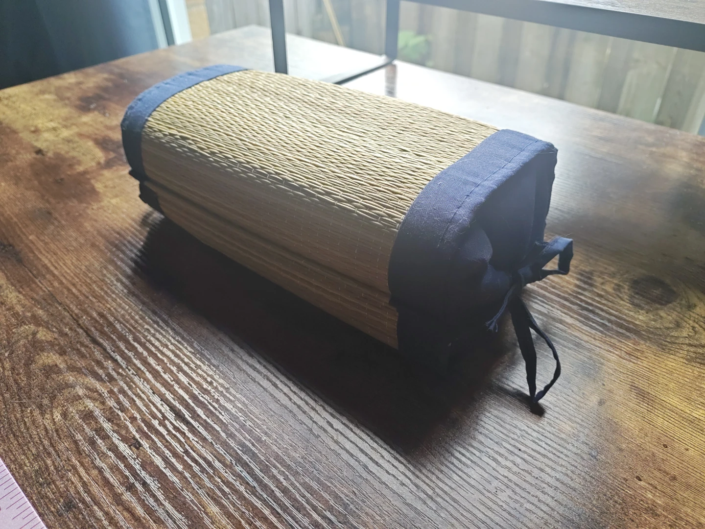 Woven Mat Roll Pillow with Blue Trim - photo 2