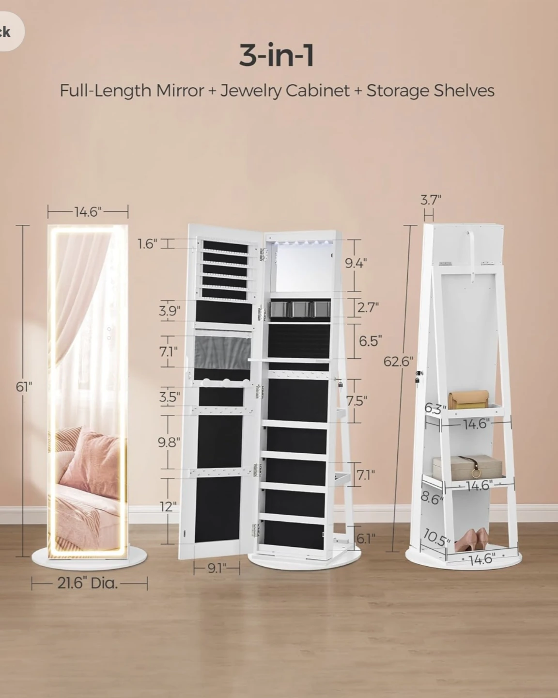 3-in-1 Full-Length Mirror Jewelry Cabinet with LED Lights