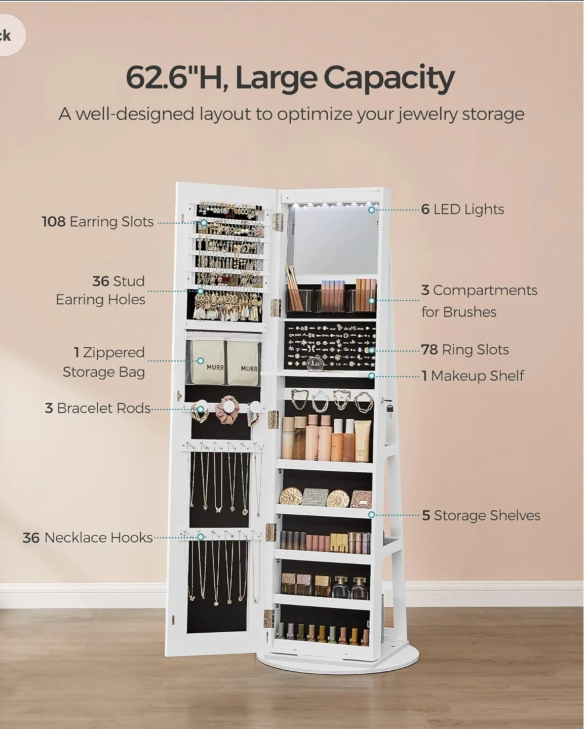 3-in-1 Full-Length Mirror Jewelry Cabinet with LED Lights - photo 5