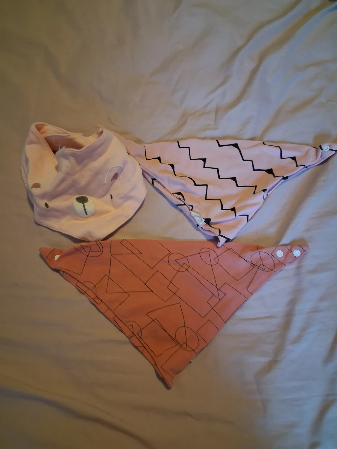 3 Baby Bibs - Pink Bear, Zig Zag, Geometric