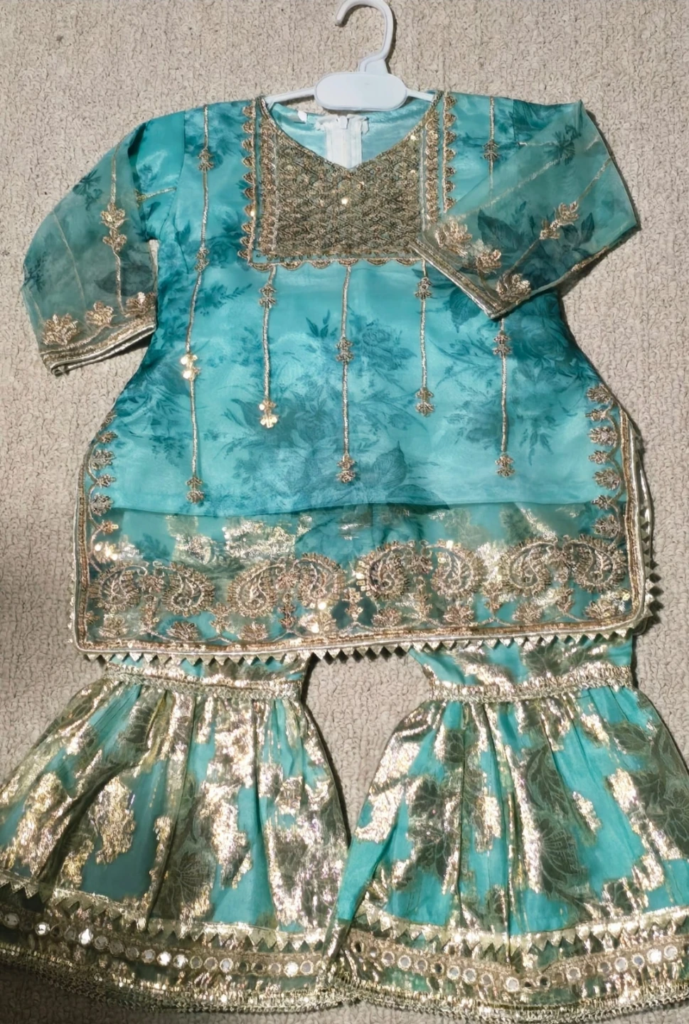 Teal and Gold Girls' Gharara Set