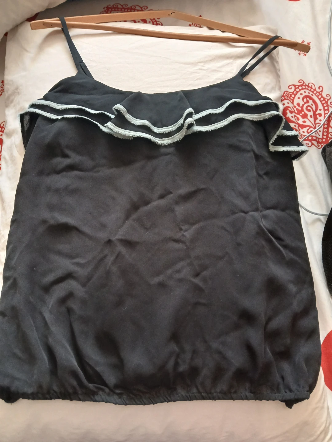 XS Joie Black Ruffle  Top  with light blue trim