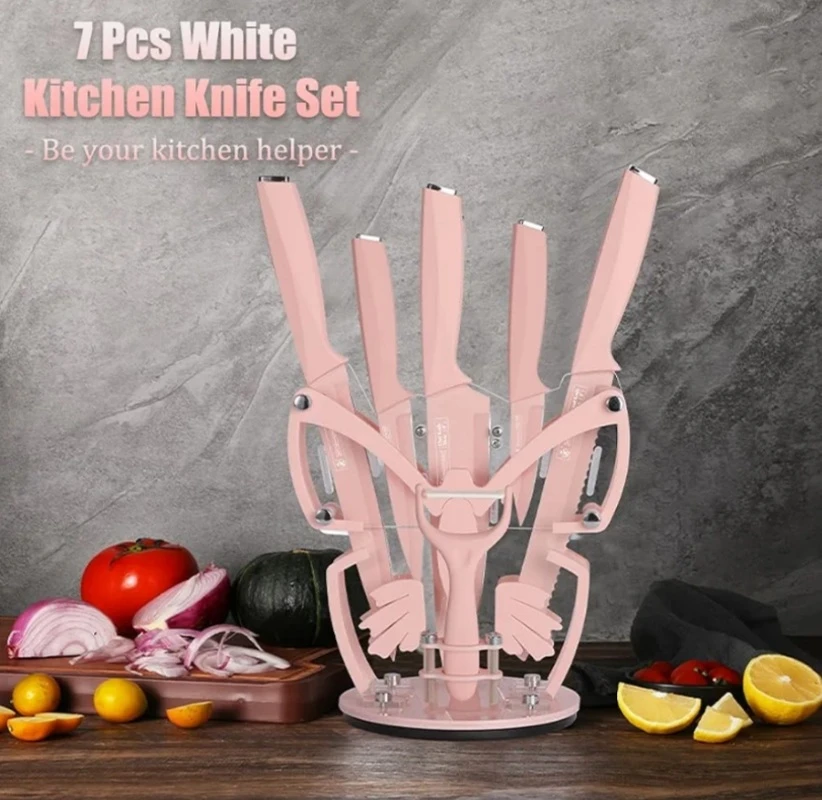 7 Pcs White Kitchen Knife Set with Stand