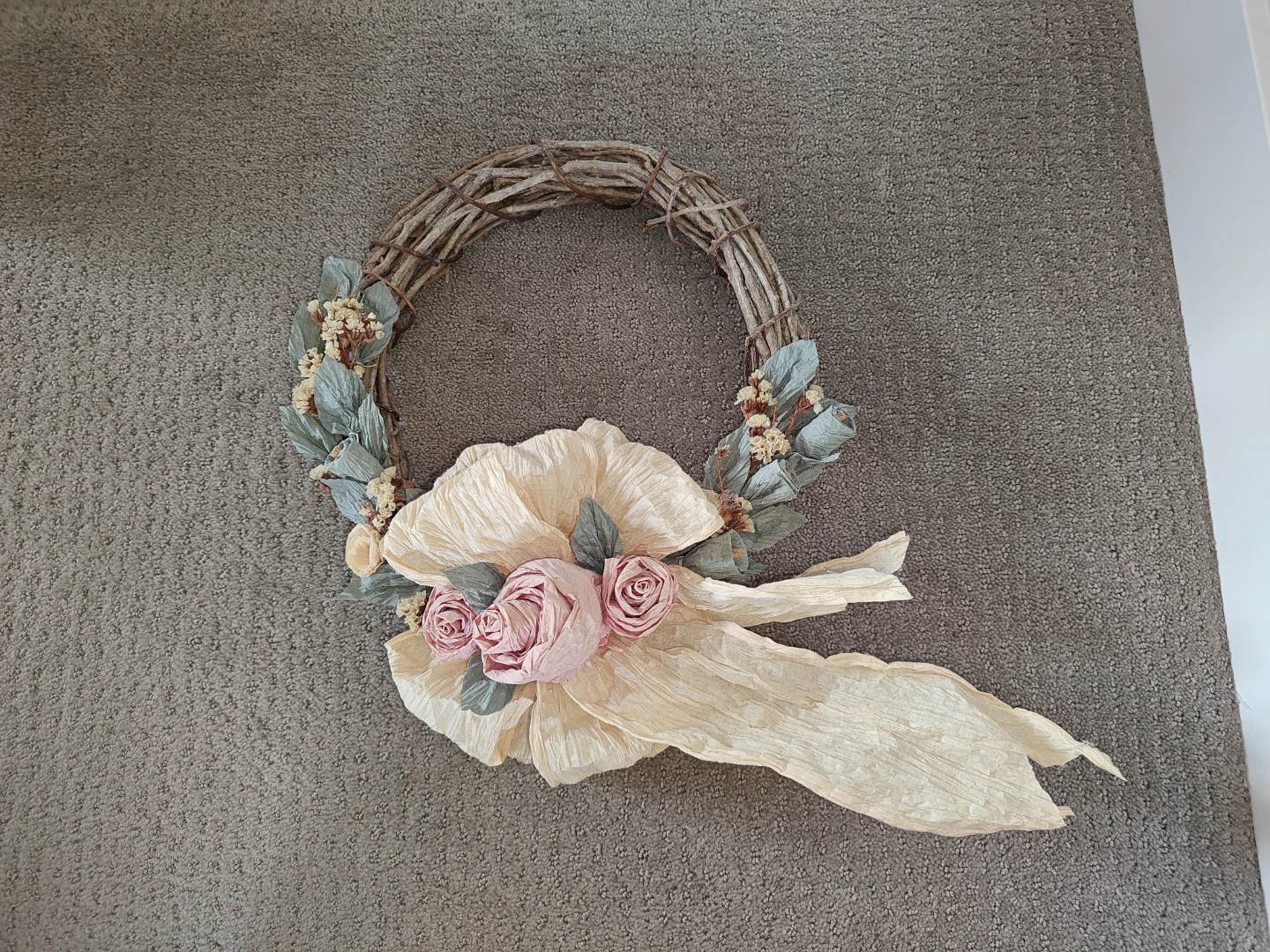 12" Vintage Grapevine Wreath with Paper Ribbon & Floral Accents
