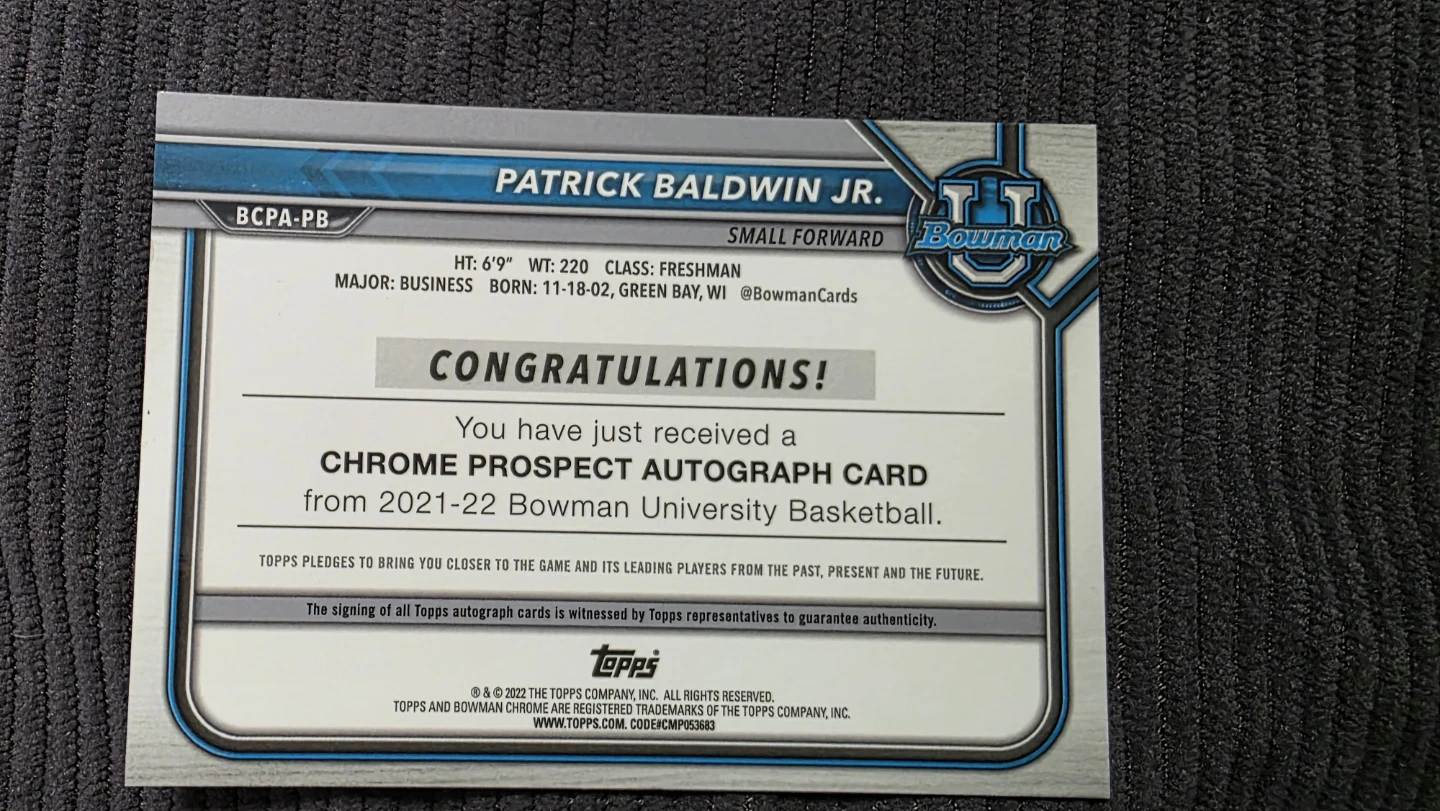 Patrick Baldwin Jr. 1st Bowman Chrome Prospect Autograph Card - photo 2