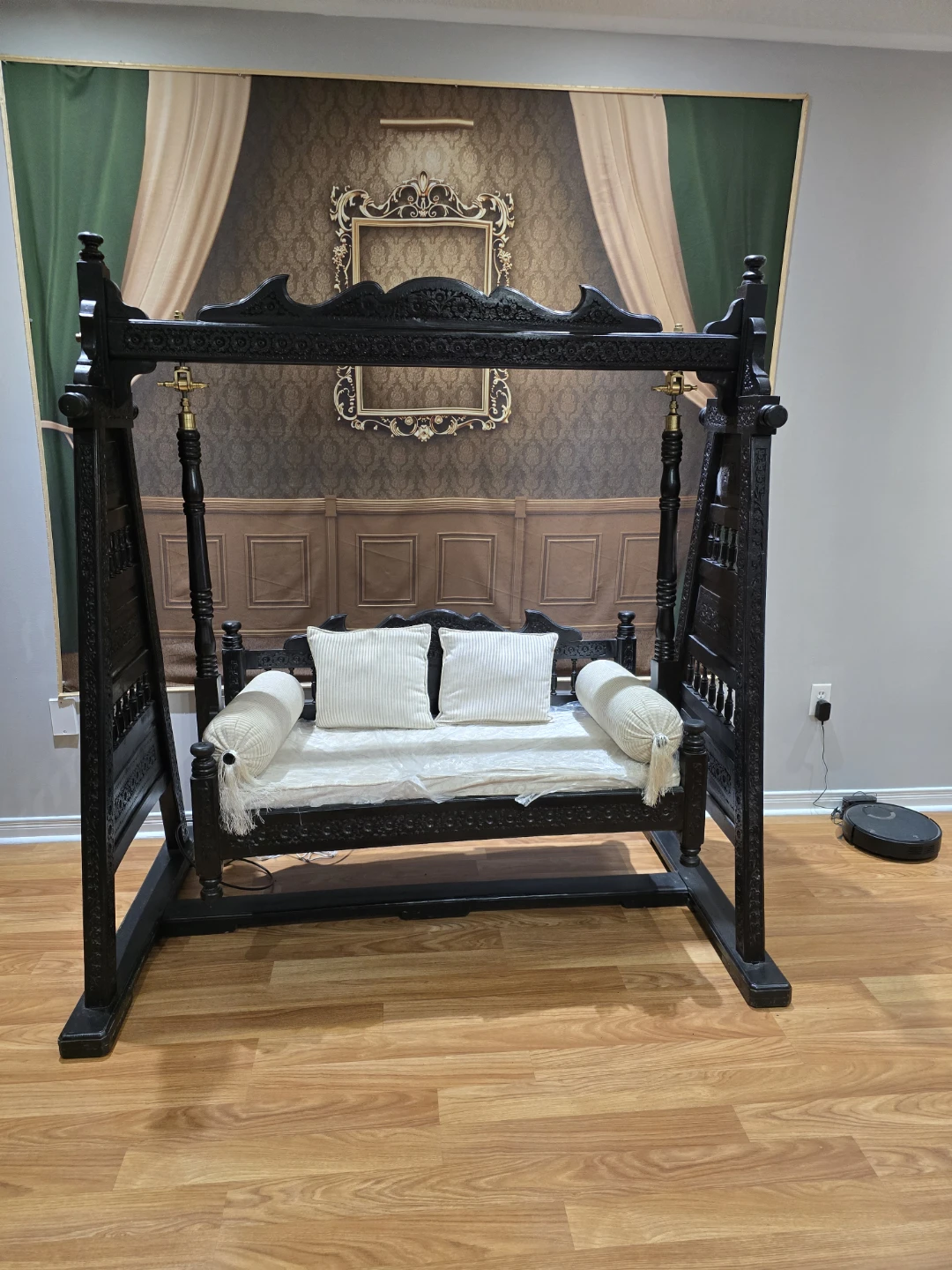 Jhoola - Ornate Black Wooden Indoor Swing with Cushions