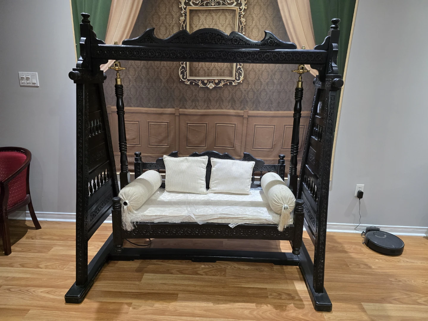 Jhoola - Ornate Black Wooden Indoor Swing with Cushions - photo 2