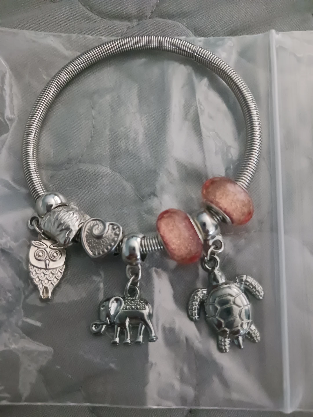 Silver Tone Charm Bracelet with Owl, Elephant, and Turtle