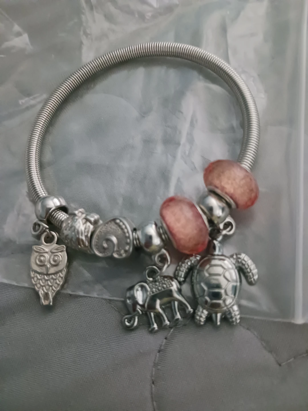 Silver Tone Charm Bracelet with Owl, Elephant, and Turtle - photo 2