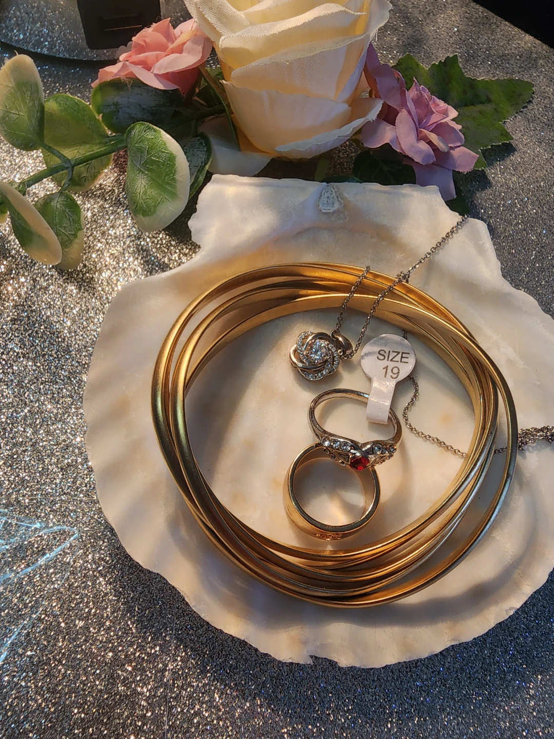 Gold Tone Bangles, Necklace, and Rings Set