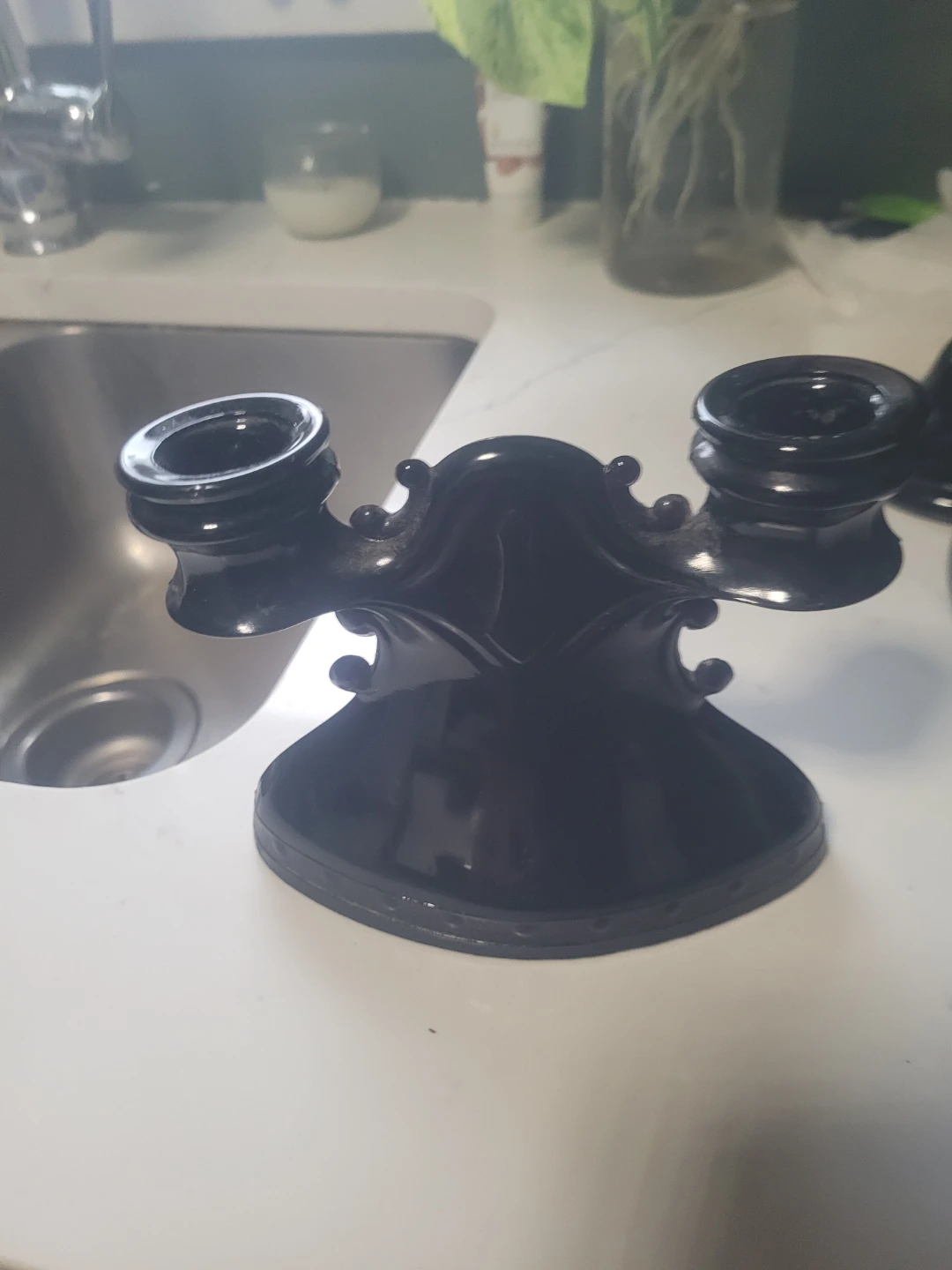 Black Glass Candlestick and Bud Vase Set
