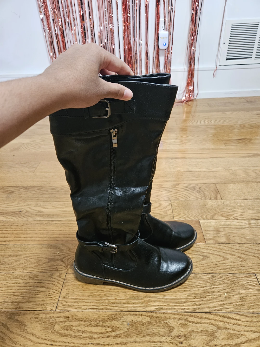 Black Knee-High Boots with Buckle Detail