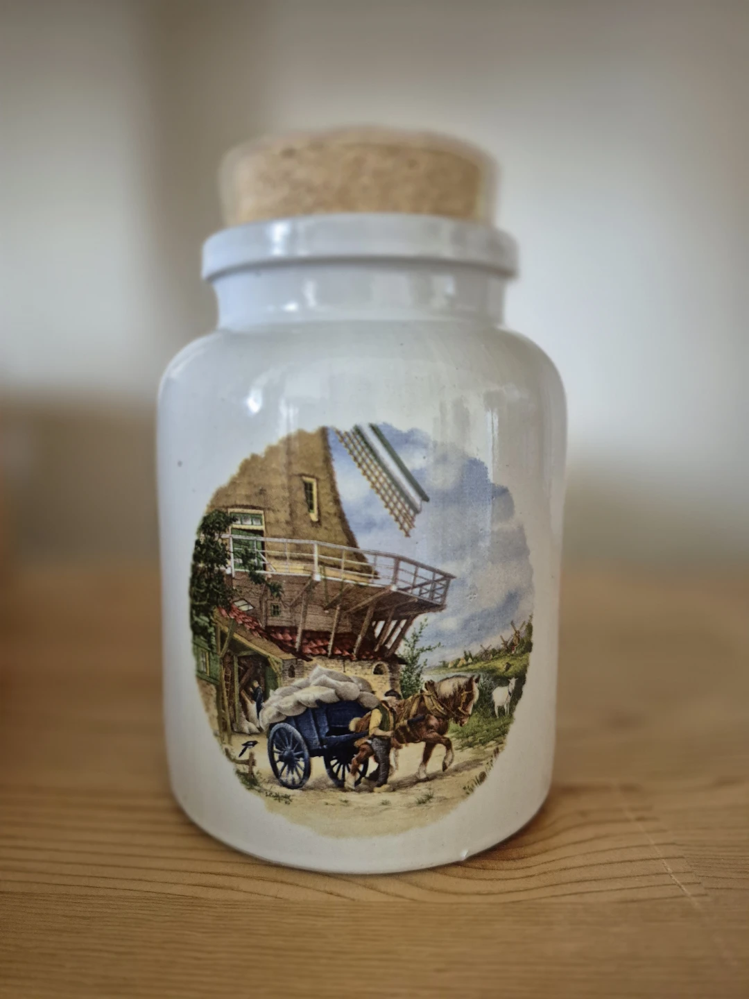 Vintage Dutch Ceramic Mustard Crock Jar w/Cork Lid & Windmill - photo 5