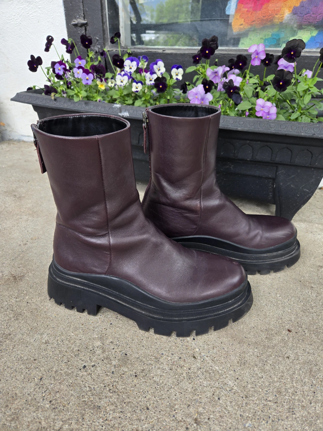 ZARA Burgundy Leather Chunky Sole Boots
