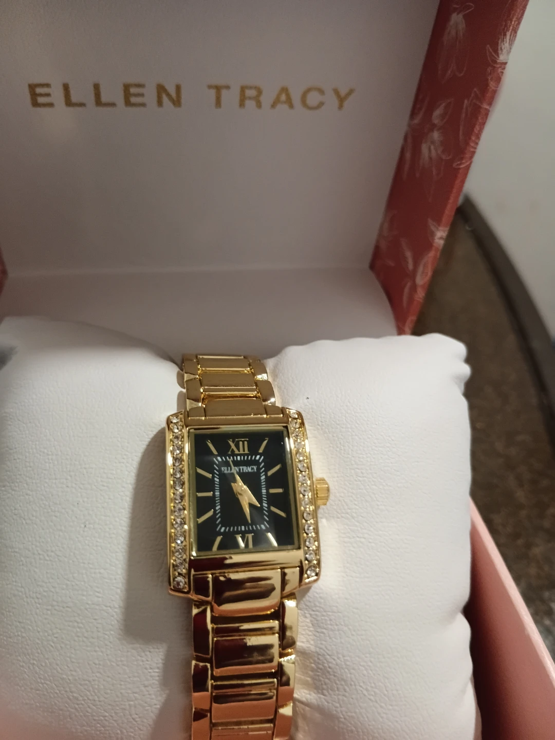 Ellen Tracy Gold Tone Rectangle Watch with Crystals