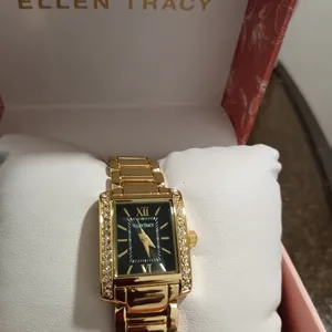 Ellen Tracy Gold Tone Rectangle Watch with Crystals