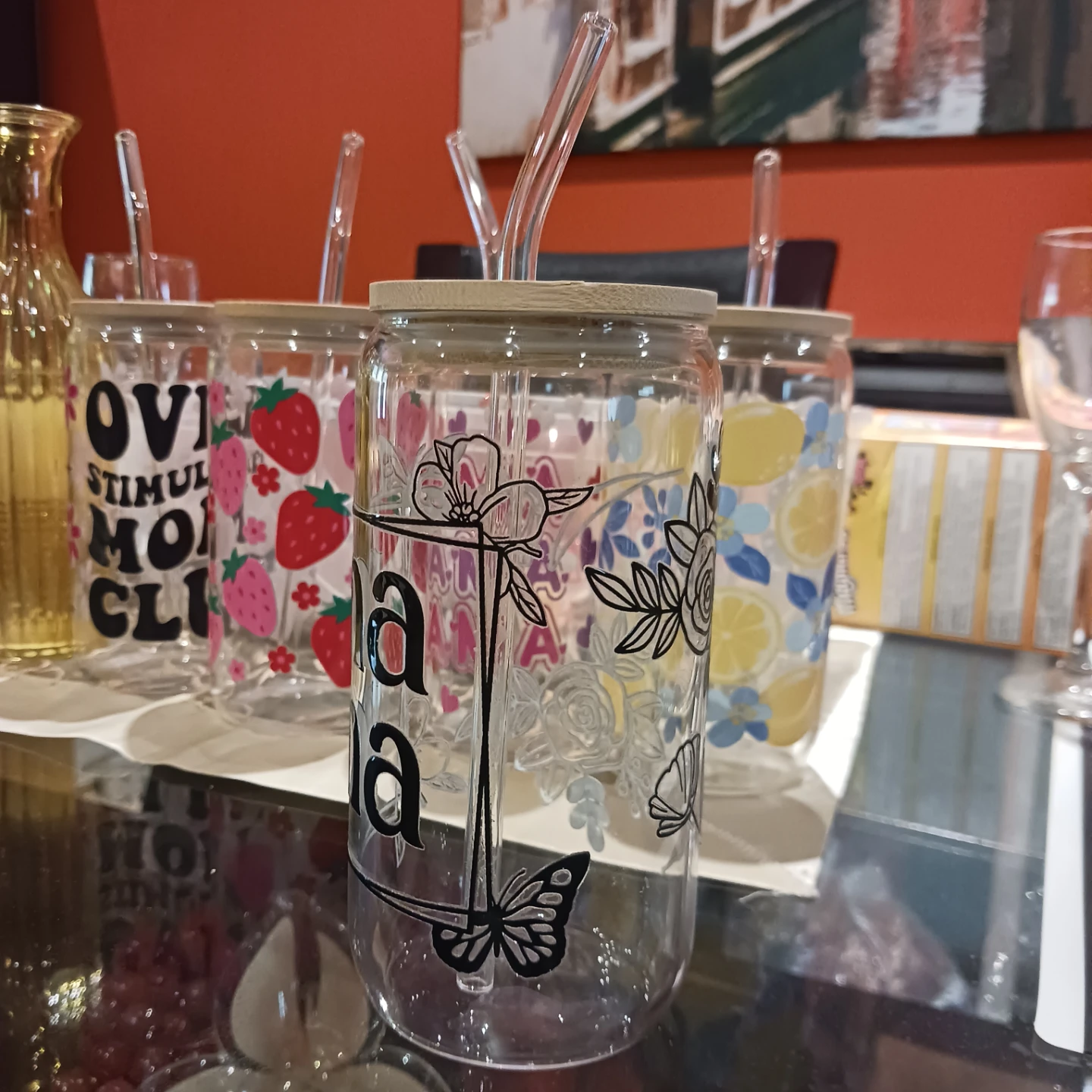 "Mama" & Floral Print Glass Tumblers with Straws - photo 2