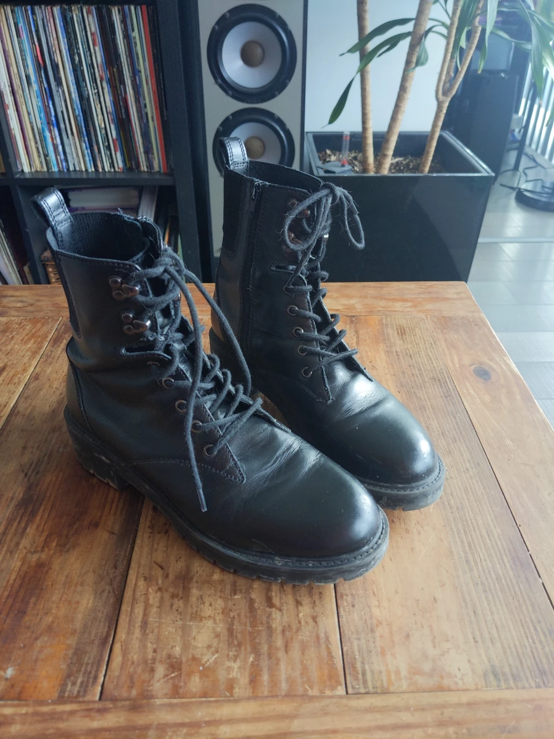 Black Leather Combat Boots. Size 9