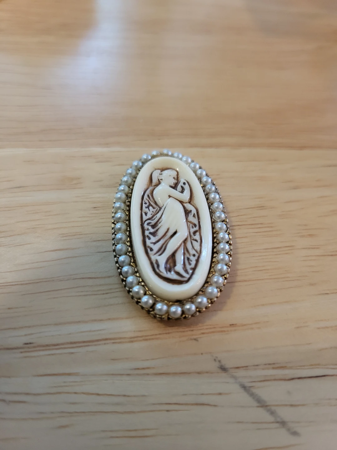 Vintage Oval Brooch with Faux Pearls and Figurine