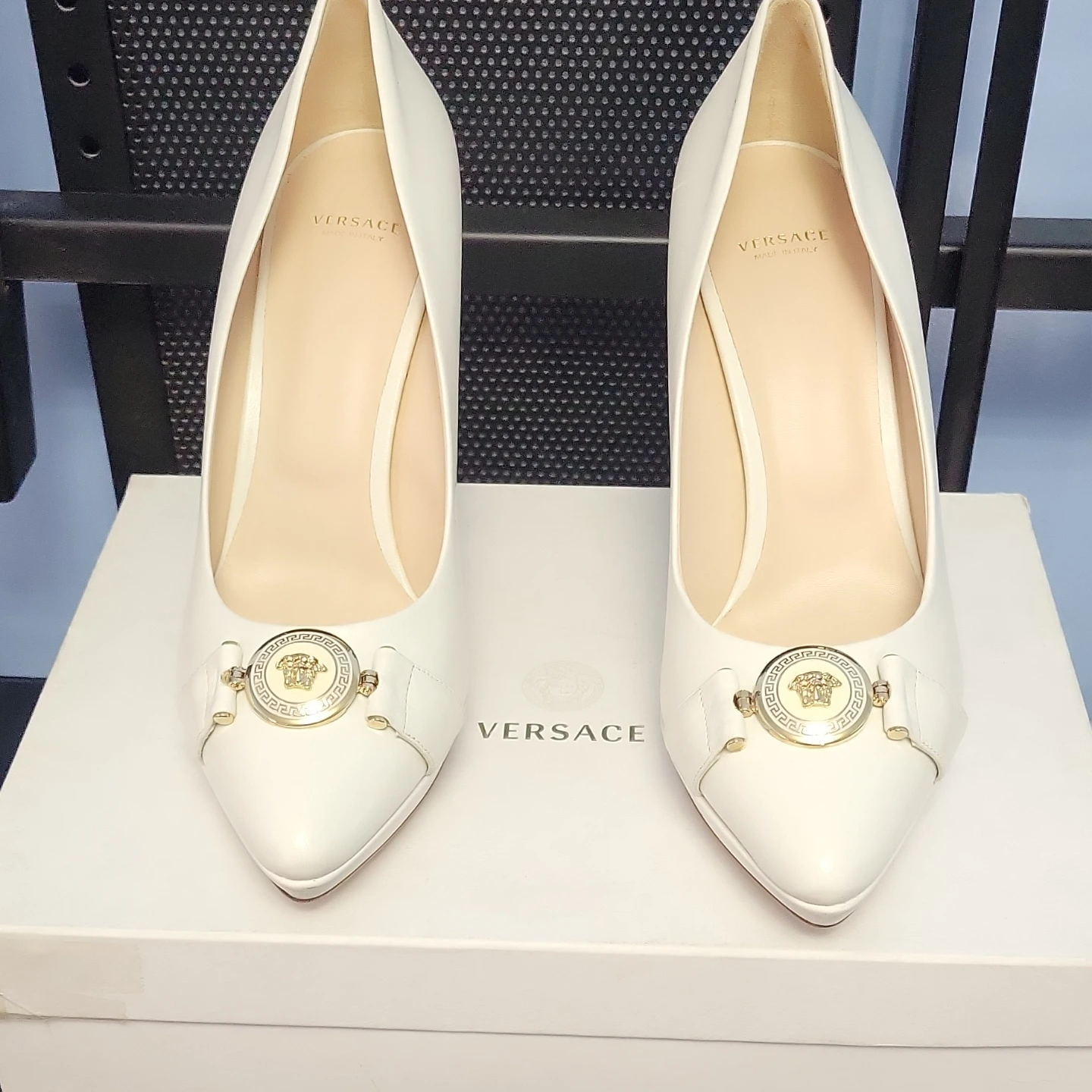 Versace White Leather Medusa Embellished Heels - Size 41